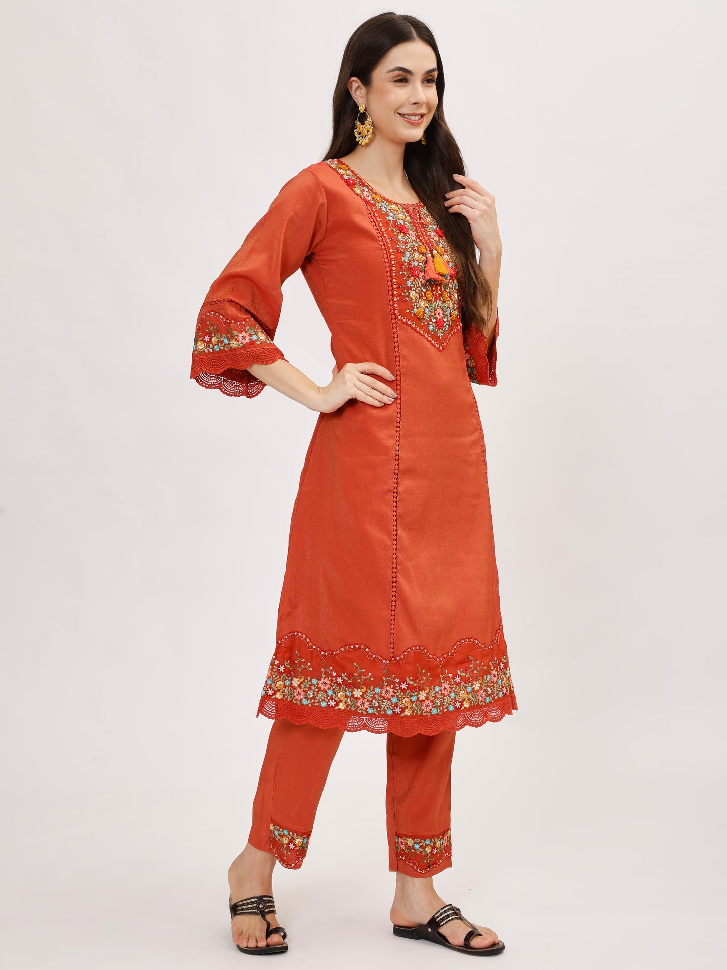 Premium Viscose silk fabric suit set with A line style - Rust, TK113