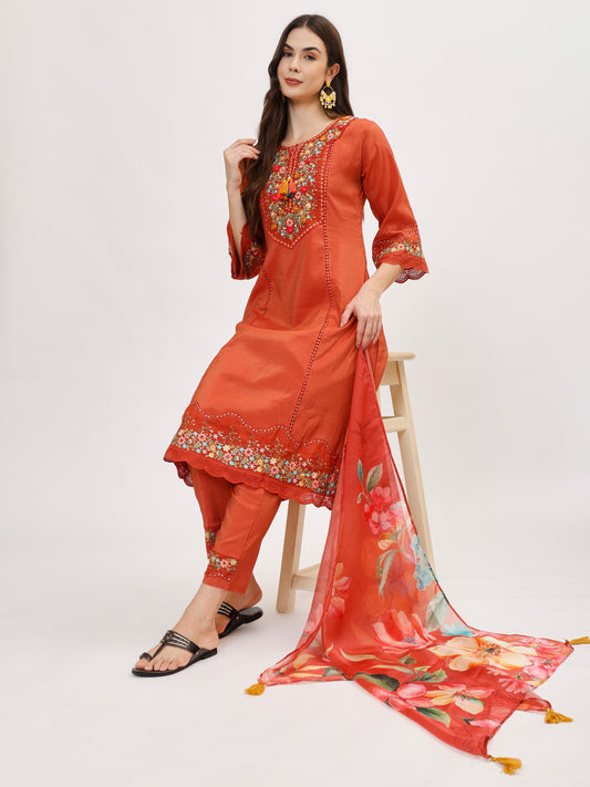 Premium Viscose silk fabric suit set with A line style - Rust, TK113