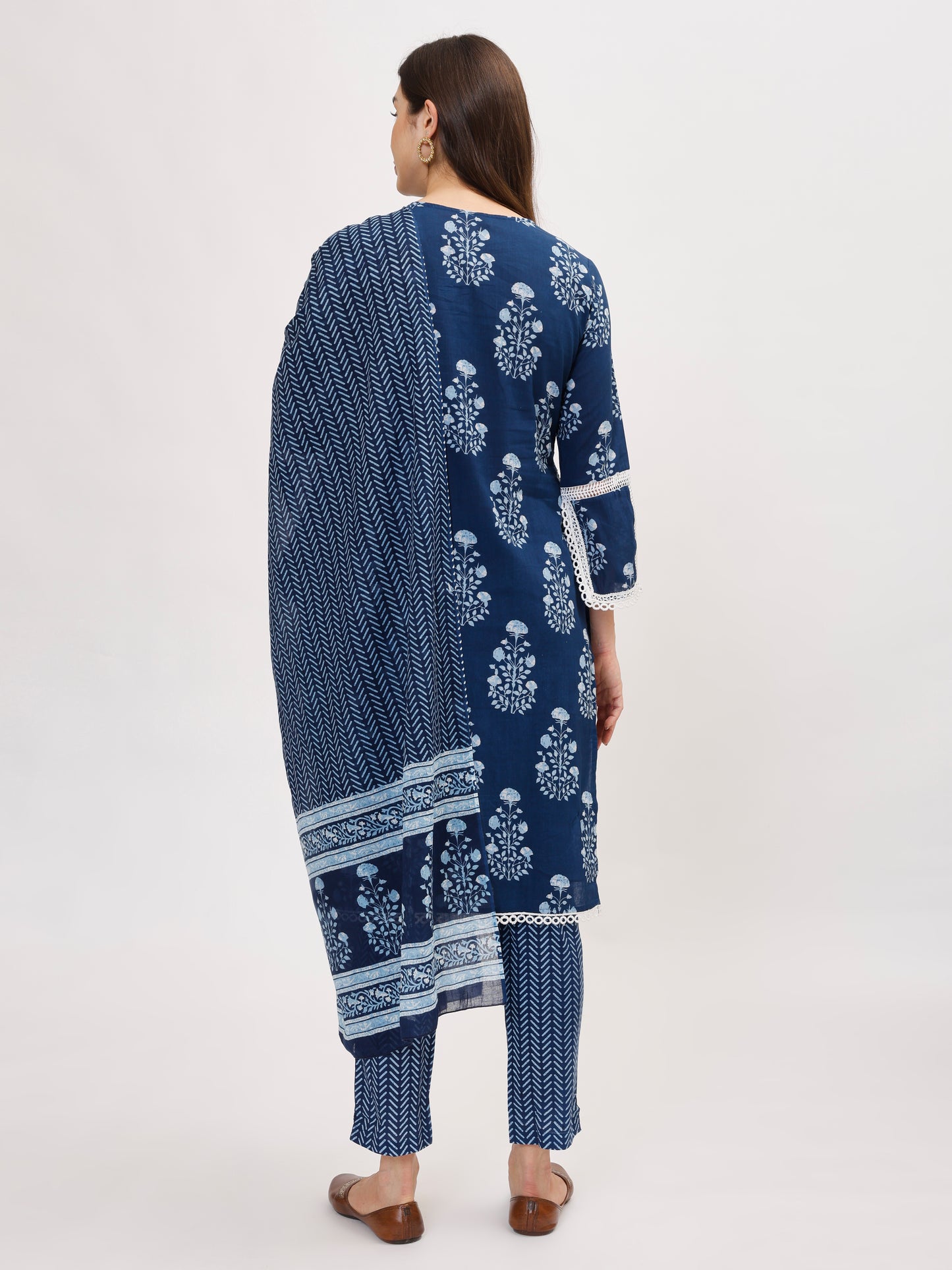 Indigo Blue Pure Cotton Kurta Set with Pant & Dupatta- TK135