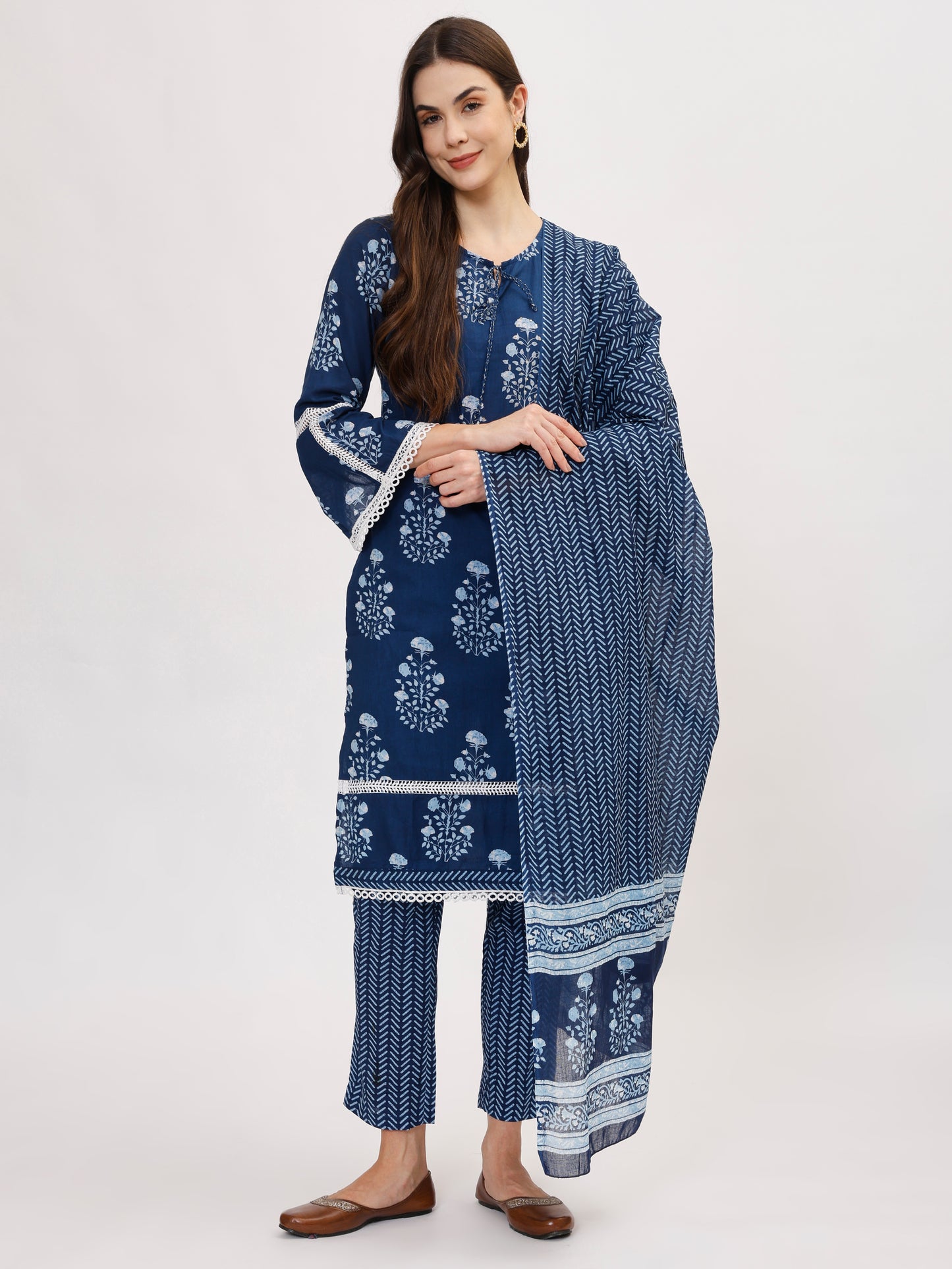 Indigo Blue Pure Cotton Kurta Set with Pant & Dupatta- TK135