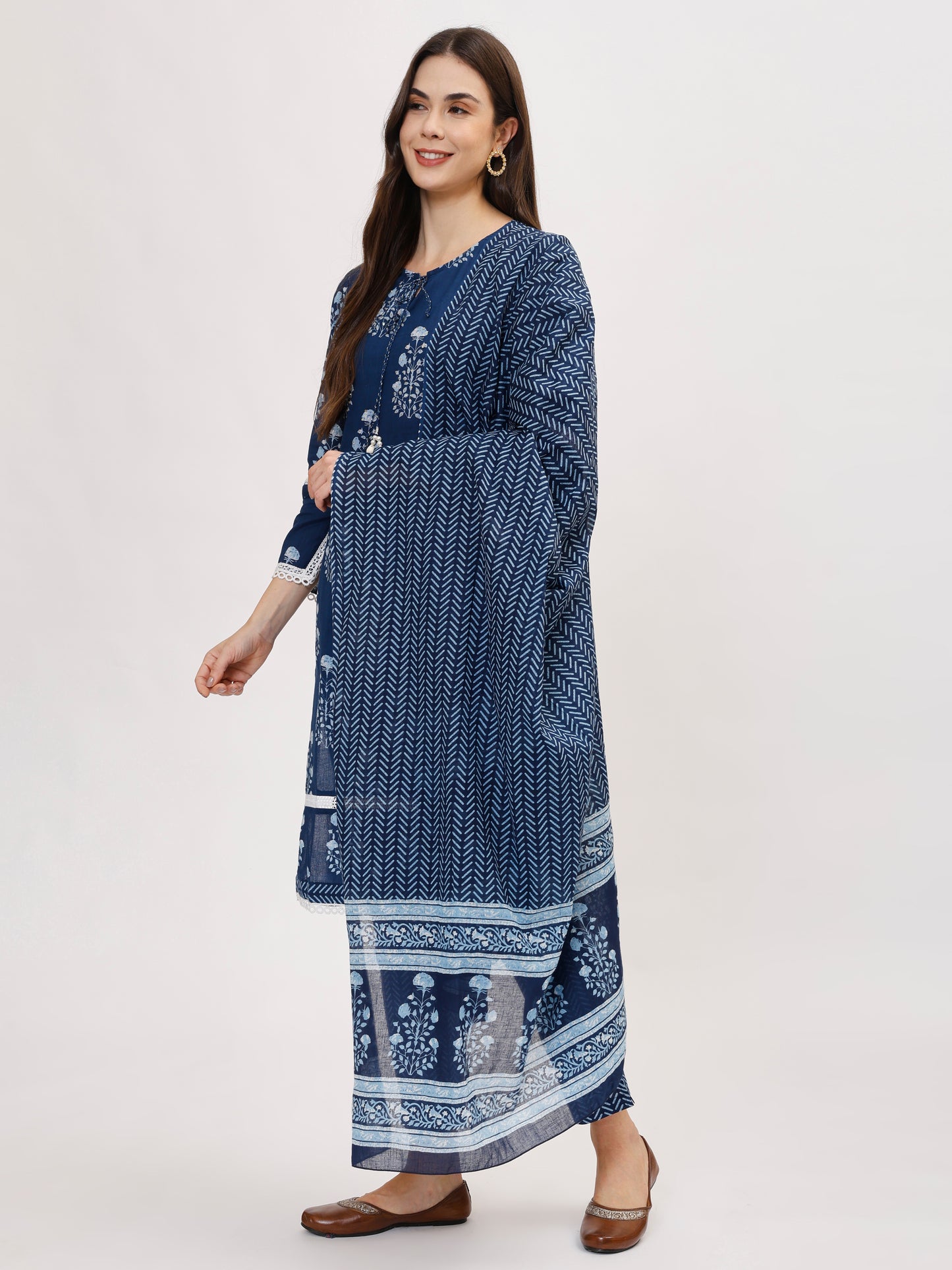 Indigo Blue Pure Cotton Kurta Set with Pant & Dupatta- TK135