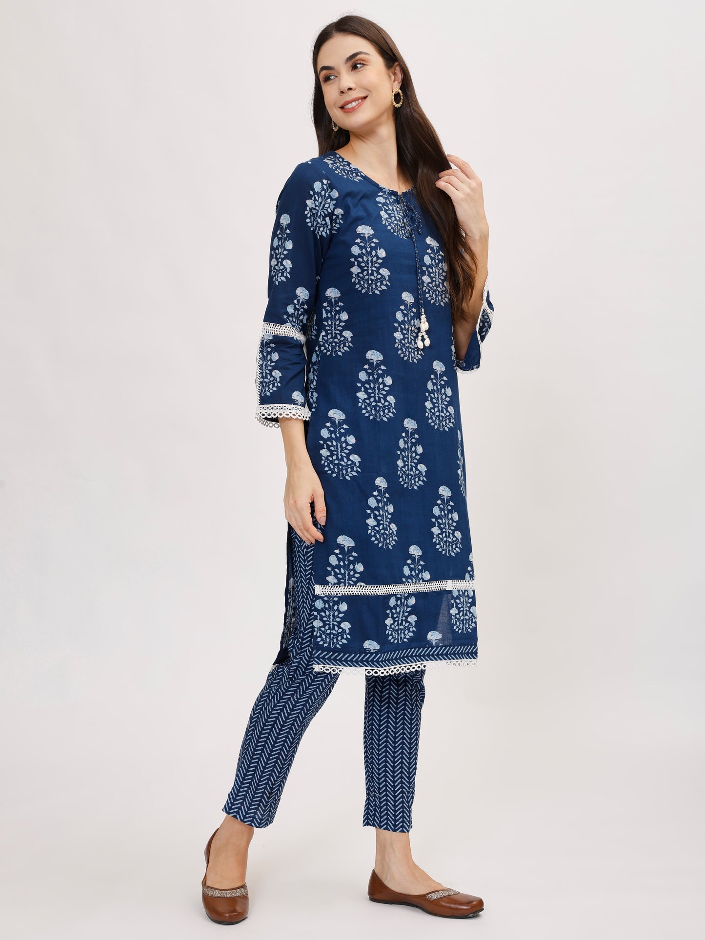 Indigo Blue Pure Cotton Kurta Set with Pant & Dupatta- TK135