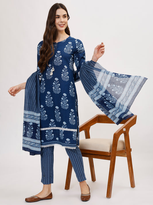 Indigo Blue Pure Cotton Kurta Set with Pant & Dupatta- TK135