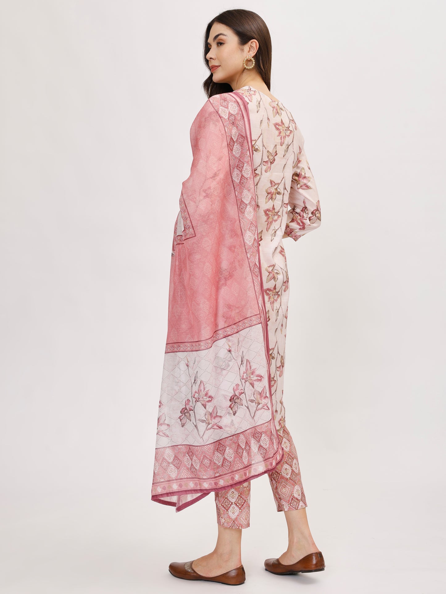 Pink FLoral Printed Muslin Kurta Set with Pant & Dupatta- TK136