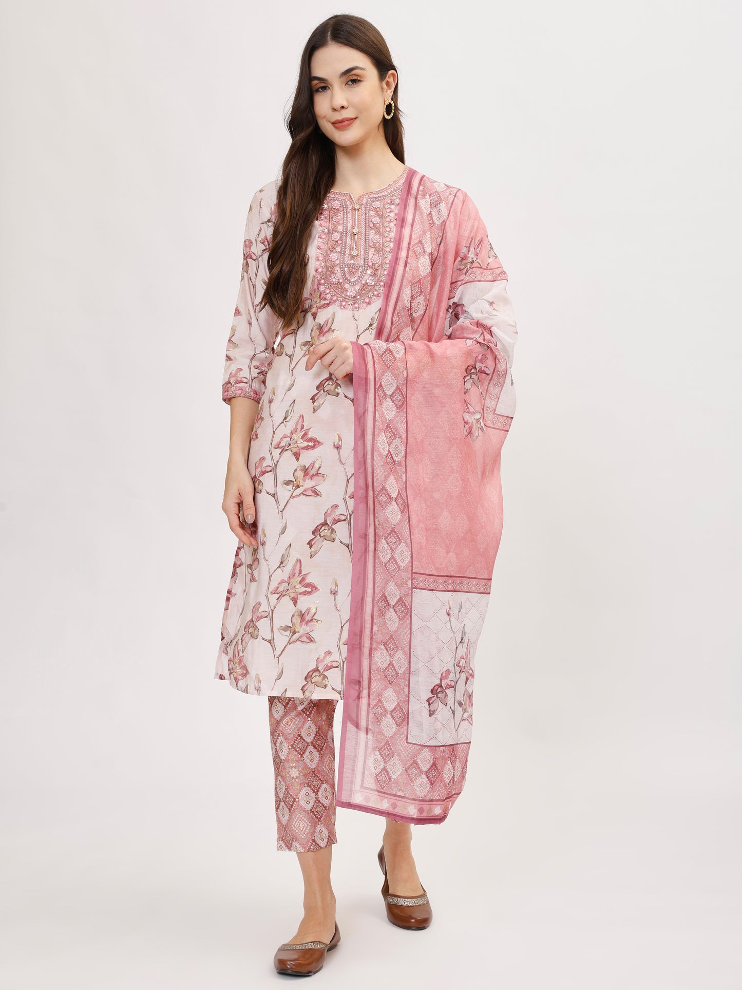 Pink FLoral Printed Muslin Kurta Set with Pant & Dupatta- TK136