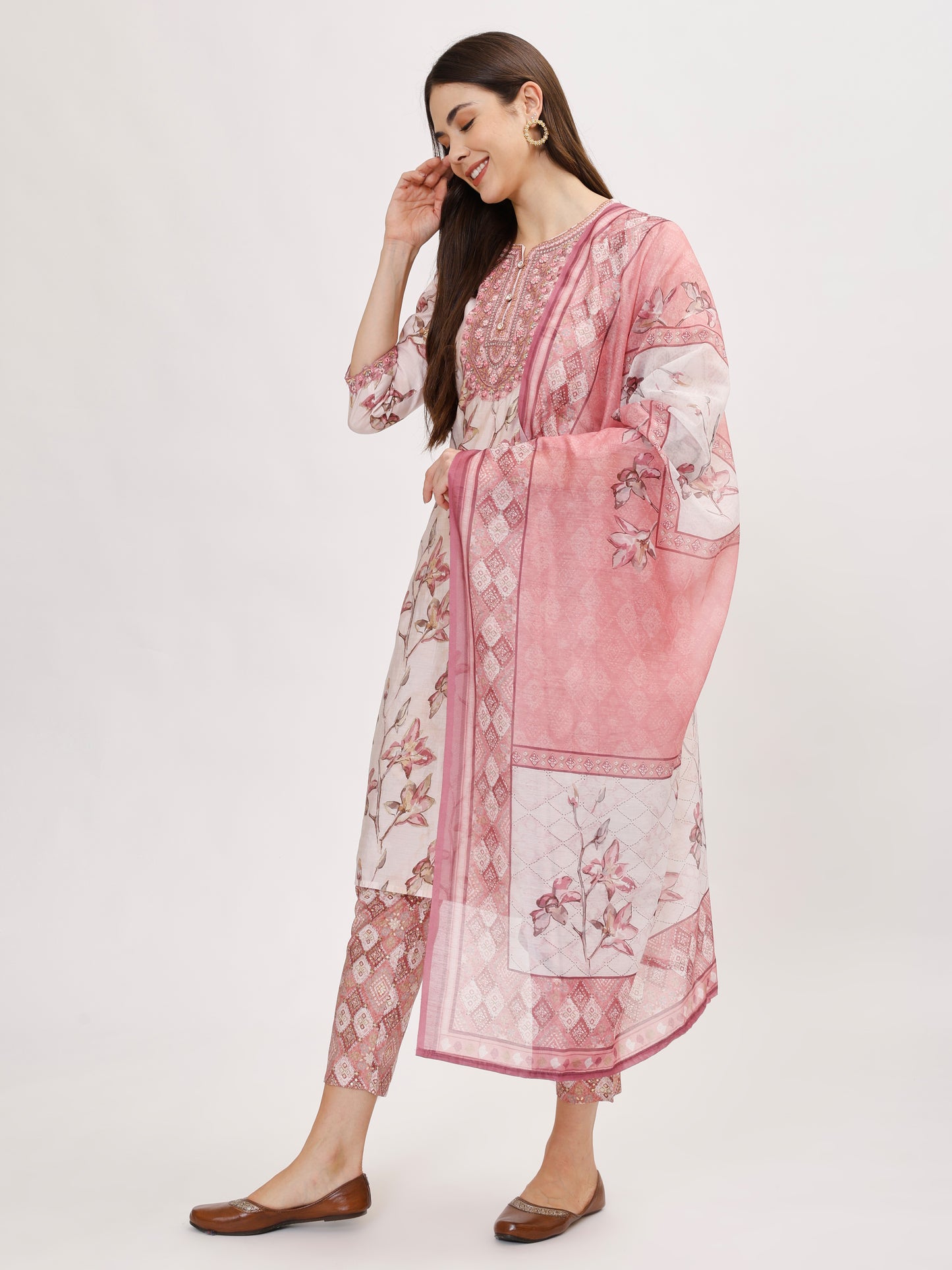 Pink FLoral Printed Muslin Kurta Set with Pant & Dupatta- TK136