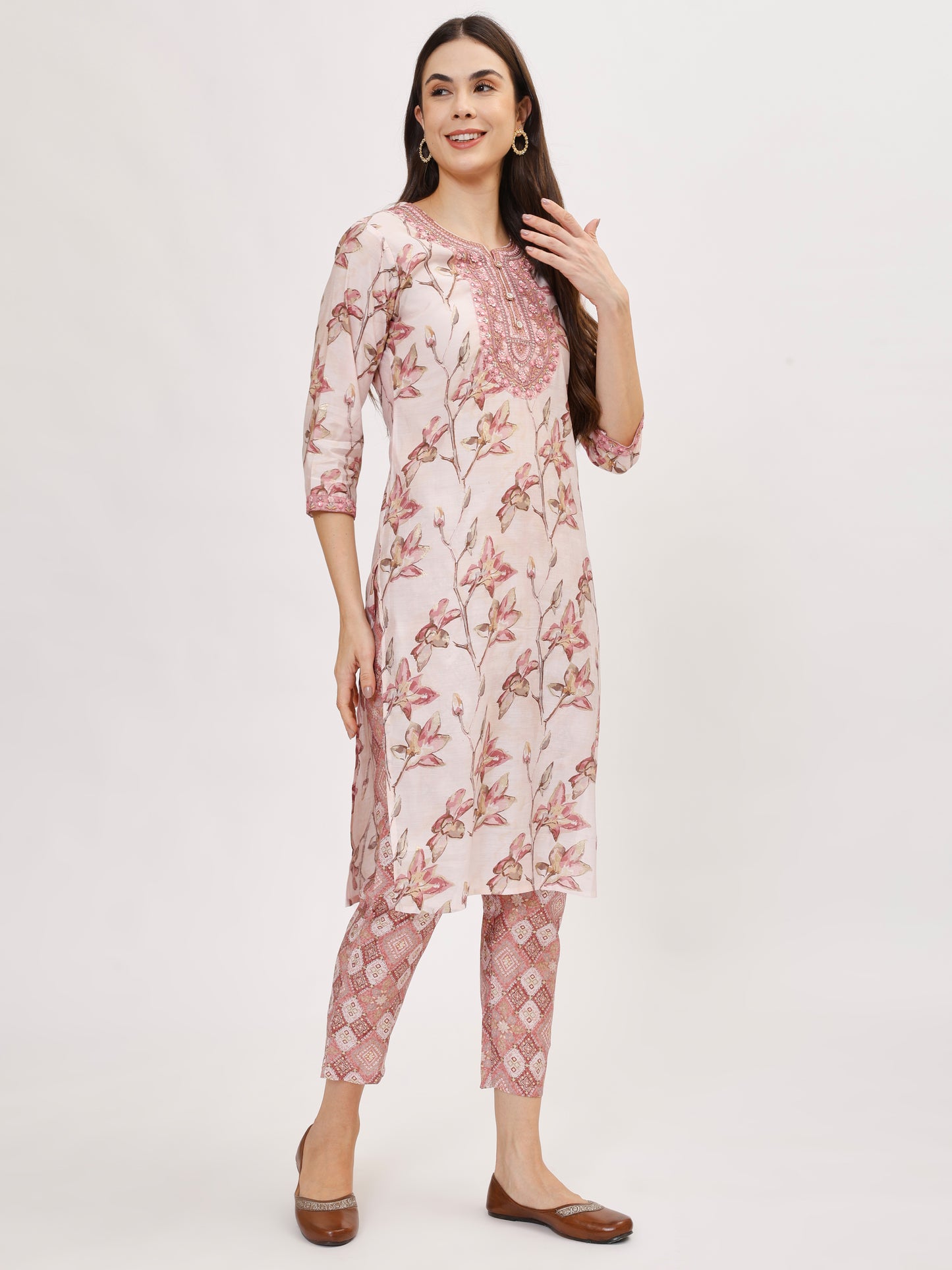 Pink FLoral Printed Muslin Kurta Set with Pant & Dupatta- TK136