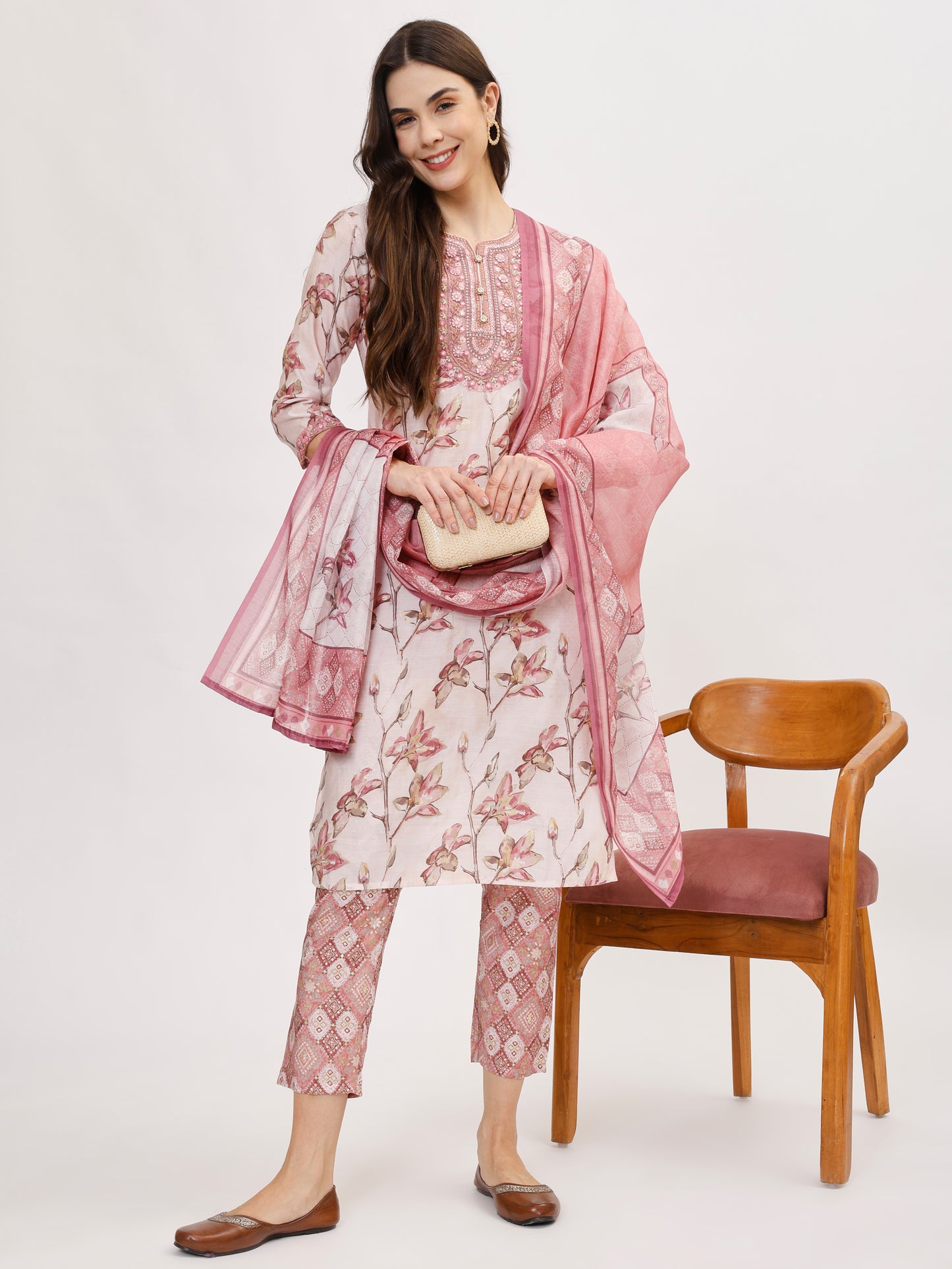 Pink FLoral Printed Muslin Kurta Set with Pant & Dupatta- TK136