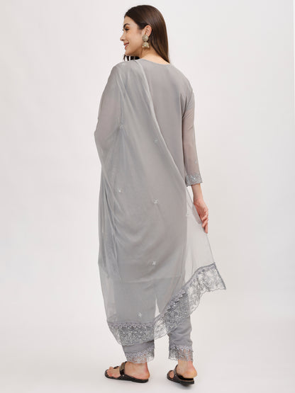 Premium Georgette fabric suit set with embroidery - Grey, TK127