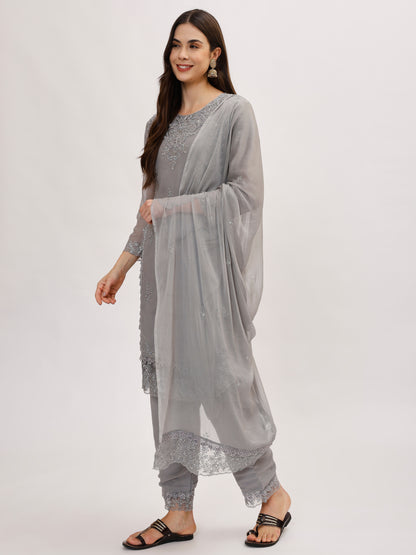 Premium Georgette fabric suit set with embroidery - Grey, TK127