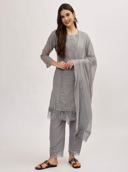 Premium Georgette fabric suit set with embroidery - Grey, TK127