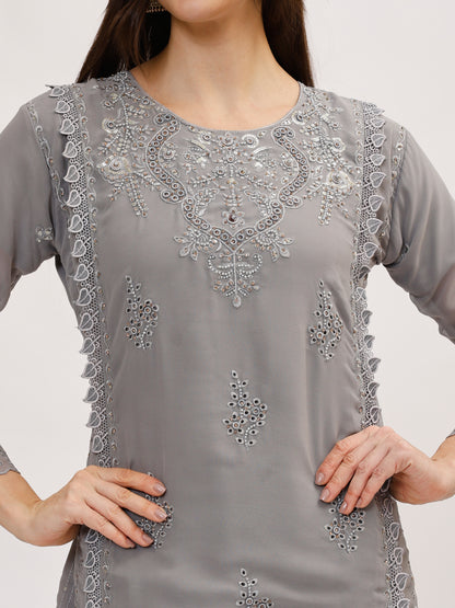 Premium Georgette fabric suit set with embroidery - Grey, TK127