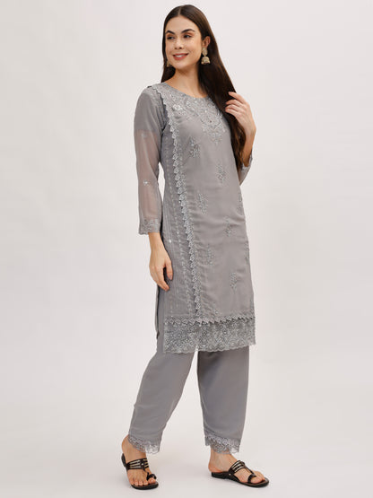 Premium Georgette fabric suit set with embroidery - Grey, TK127