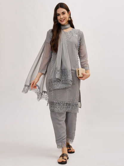 Premium Georgette fabric suit set with embroidery - Grey, TK127