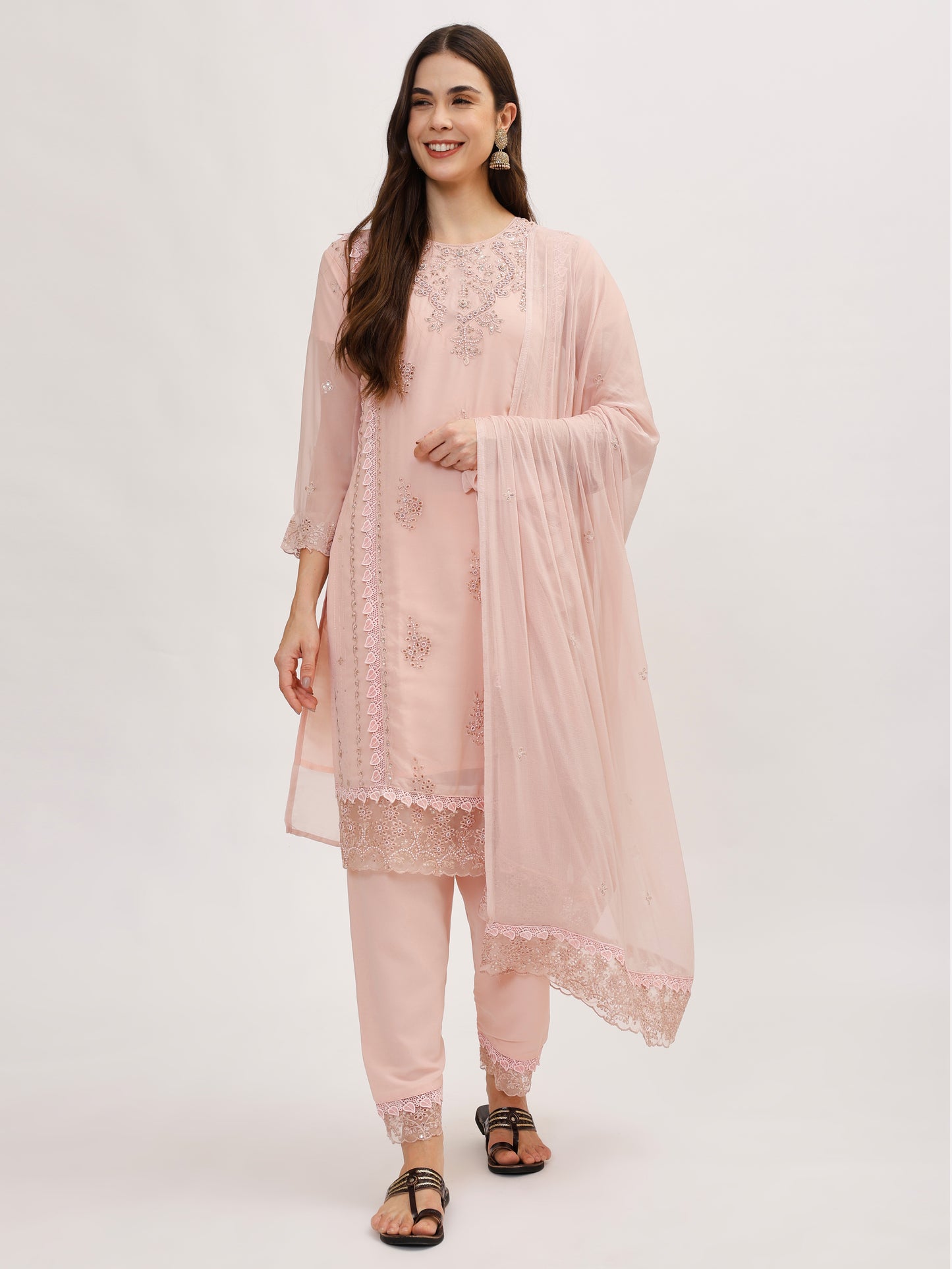 Premium Georgette fabric suit set with embroidery - Pink, TK129