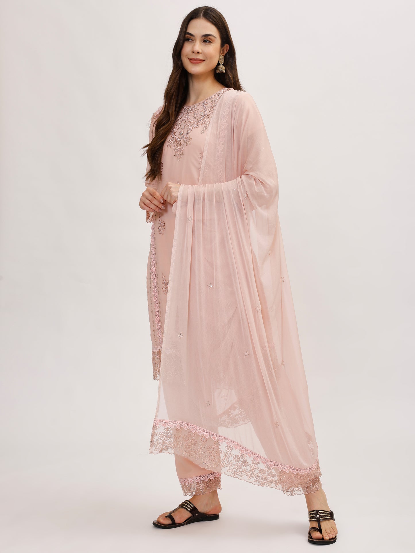 Premium Georgette fabric suit set with embroidery - Pink, TK129