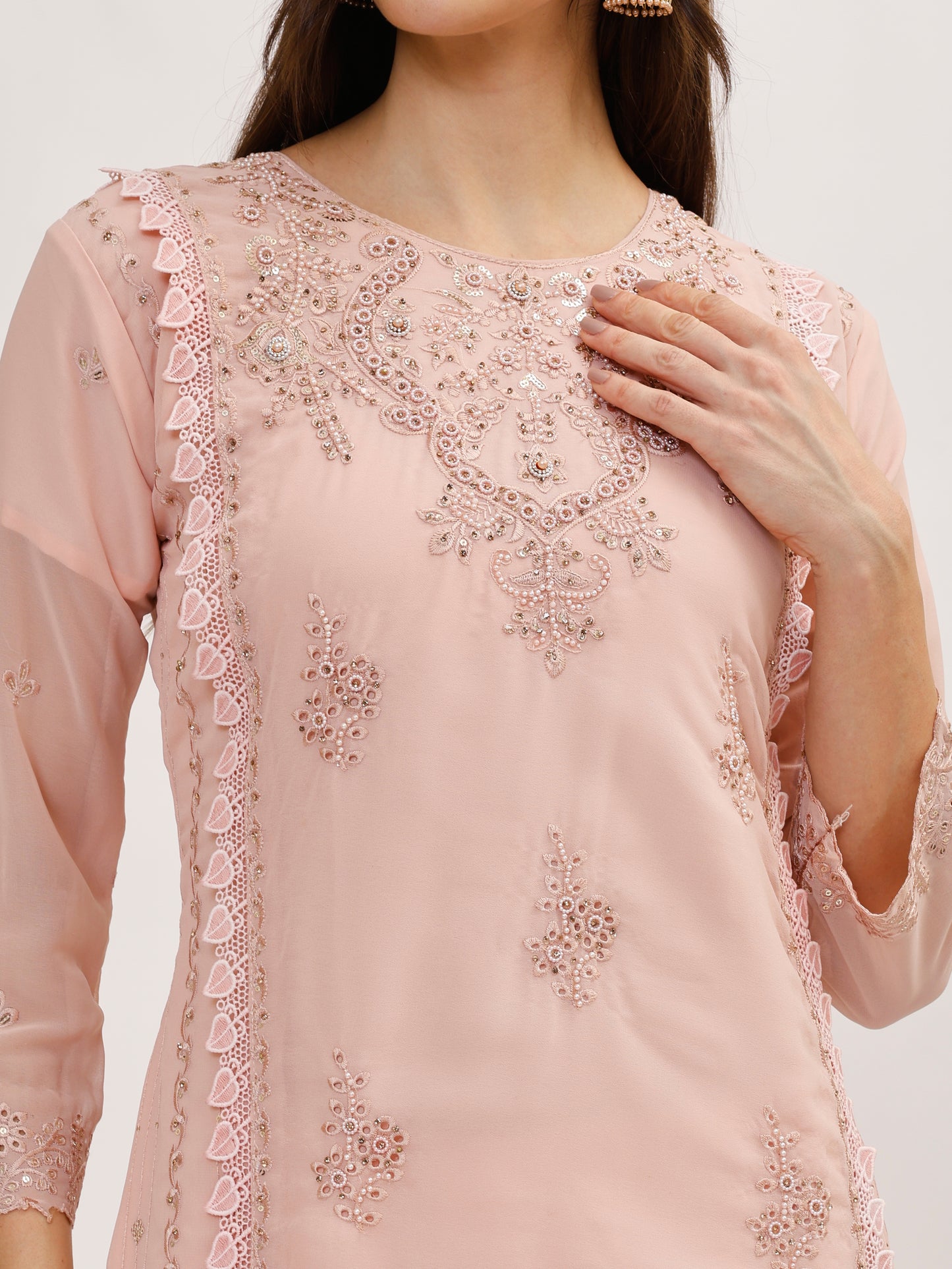 Premium Georgette fabric suit set with embroidery - Pink, TK129