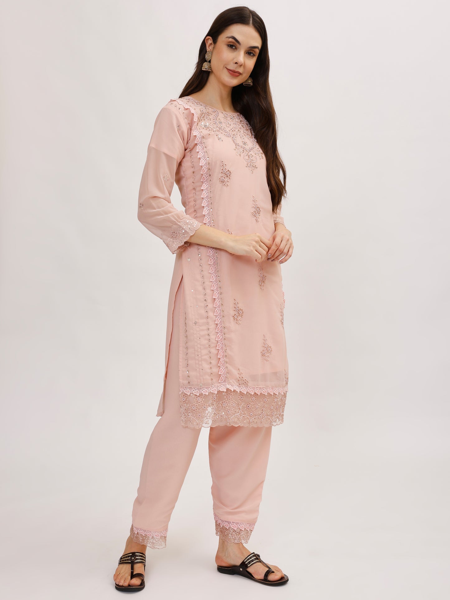 Premium Georgette fabric suit set with embroidery - Pink, TK129