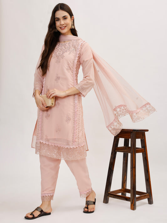 Premium Georgette fabric suit set with embroidery - Pink, TK129