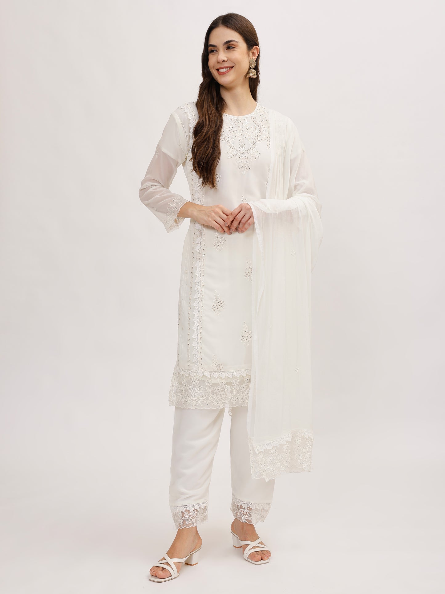 Premium Georgette fabric suit set with embroidery - White, TK126