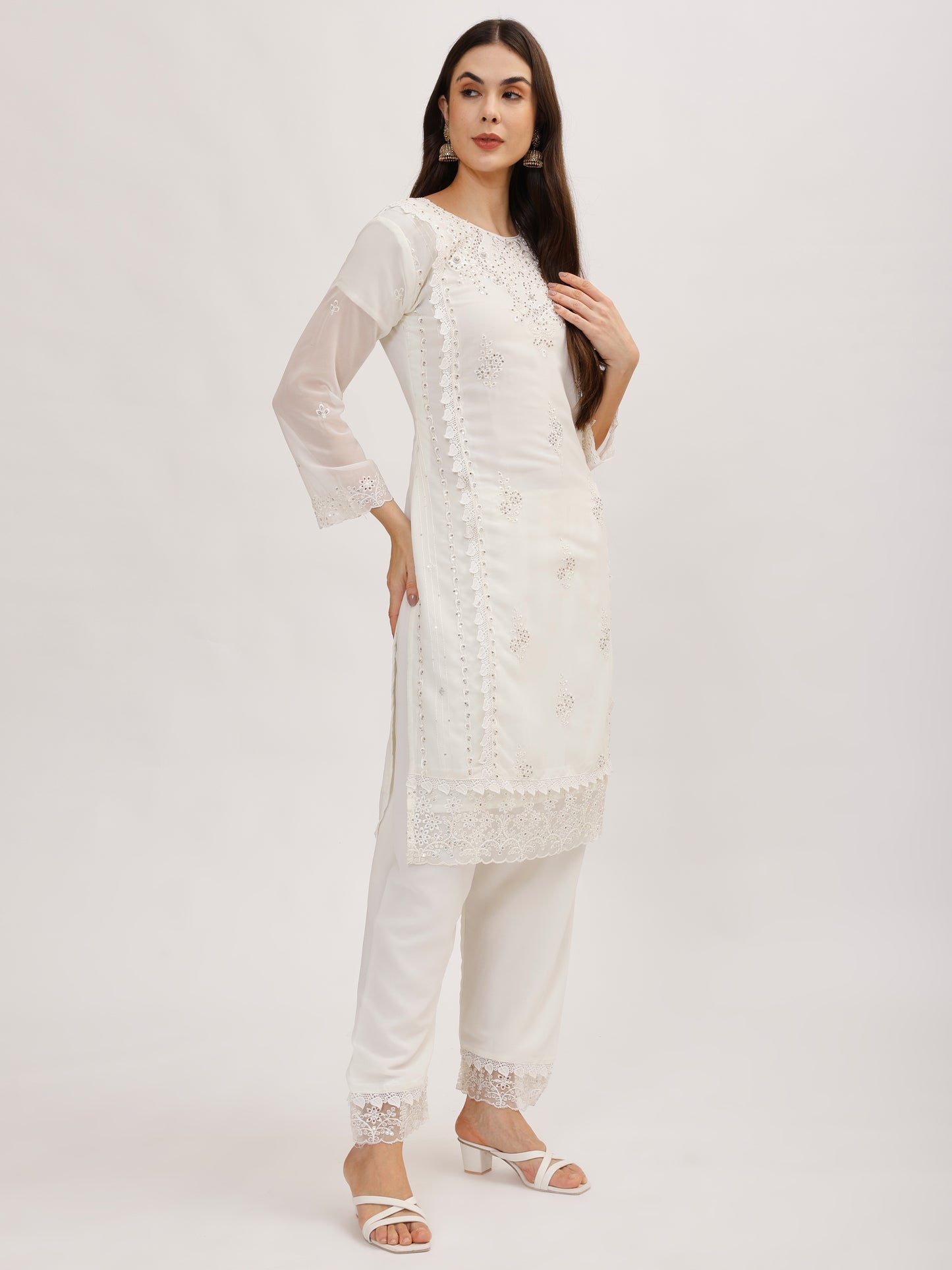 Premium Georgette fabric suit set with embroidery - White, TK126