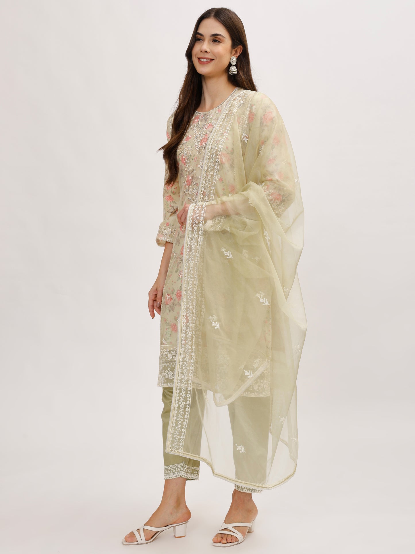 Designer organza fabric suit set with Hand Work Emboridery - Green, TK103