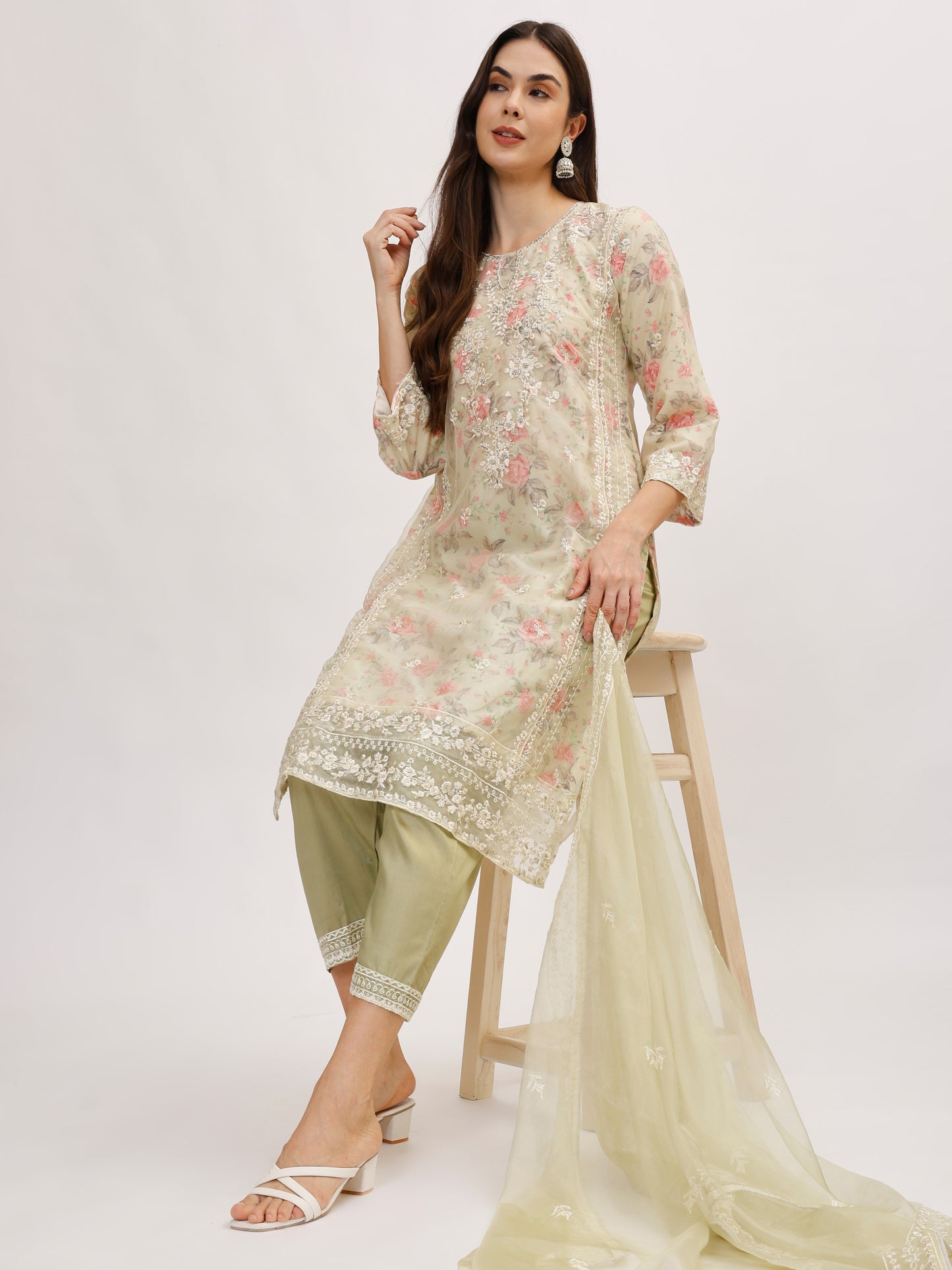 Designer organza fabric suit set with Hand Work Emboridery - Green, TK103