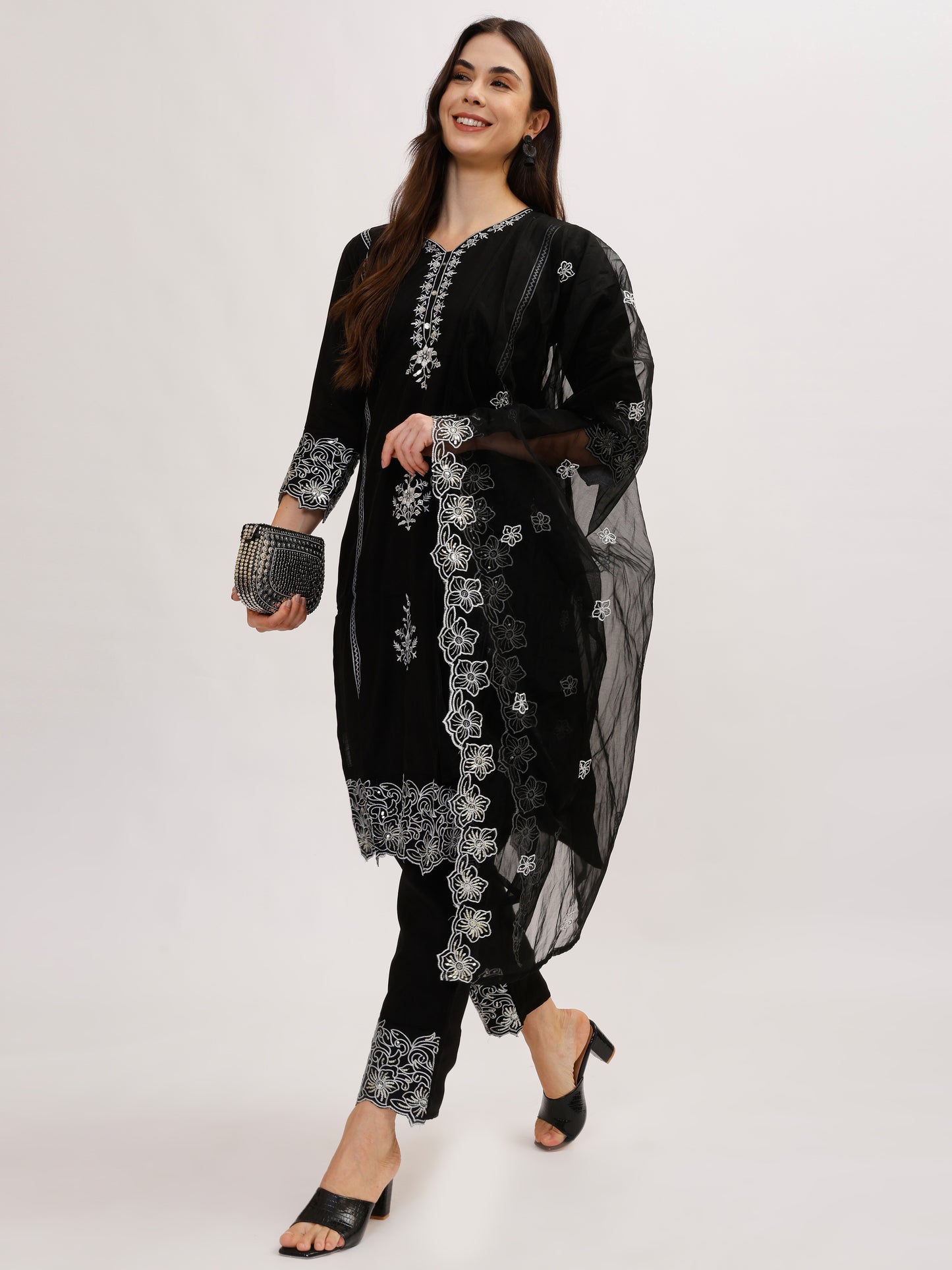 Twinkle & Tulle roman silk fabric suit set with sequen flower & net dupatta - Black, TK105