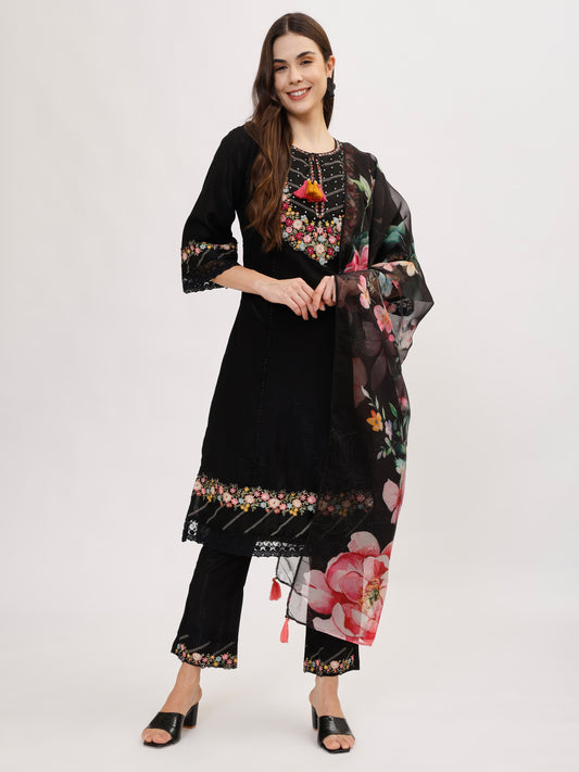 Premium Viscose silk fabric suit set with A line style - Black, TK108