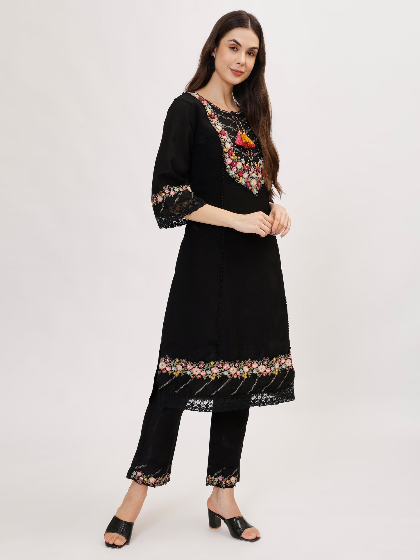 Premium Viscose silk fabric suit set with A line style - Black, TK108