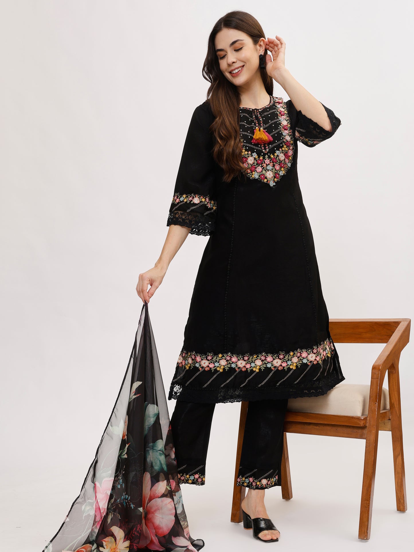 Premium Viscose silk fabric suit set with A line style - Black, TK108