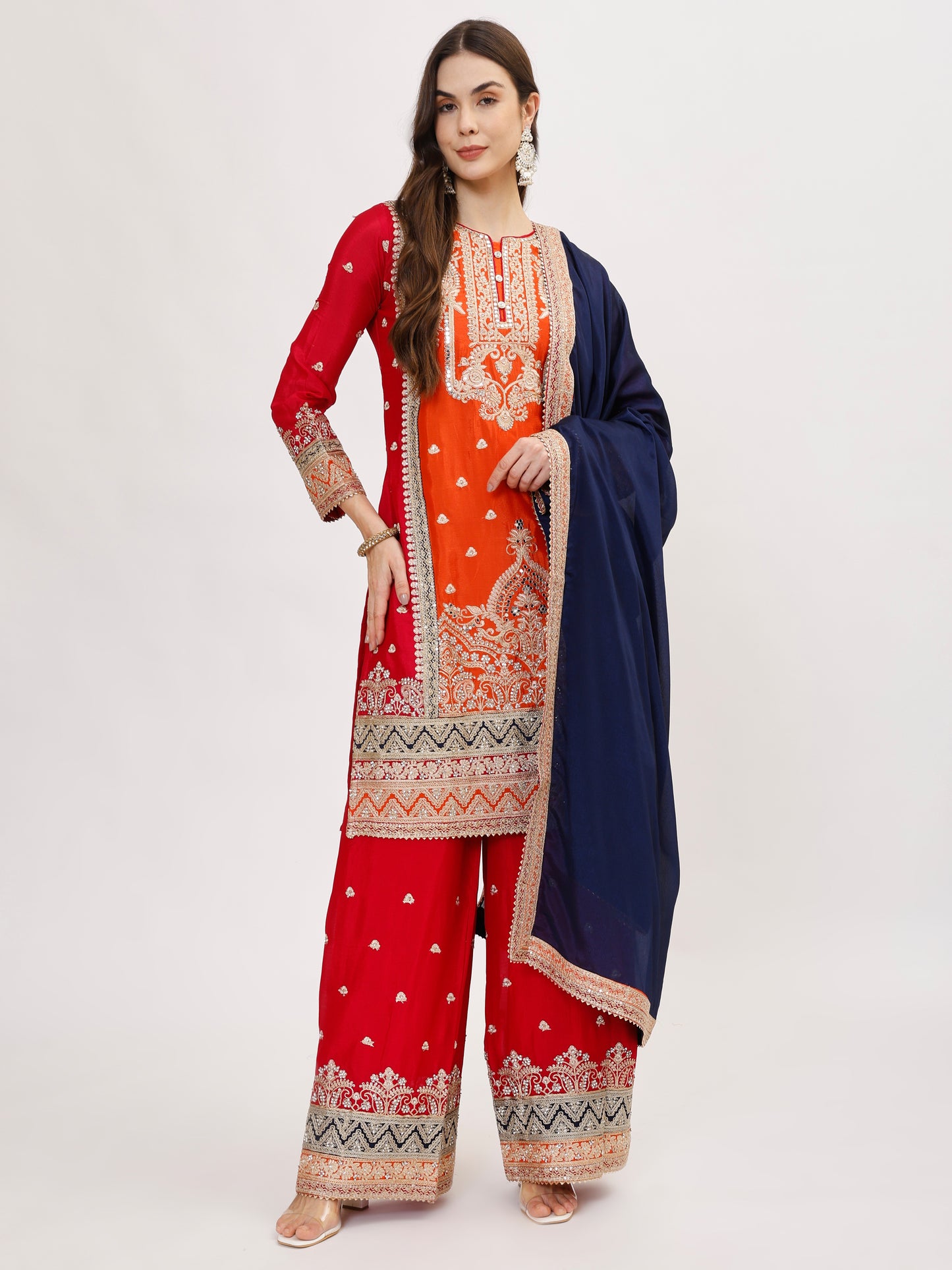 Gulzaar designer chinnon fabric embroidered Suit Set - Orange, TK100