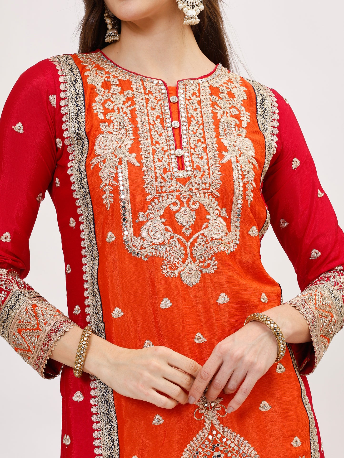 Gulzaar designer chinnon fabric embroidered Suit Set - Orange, TK100