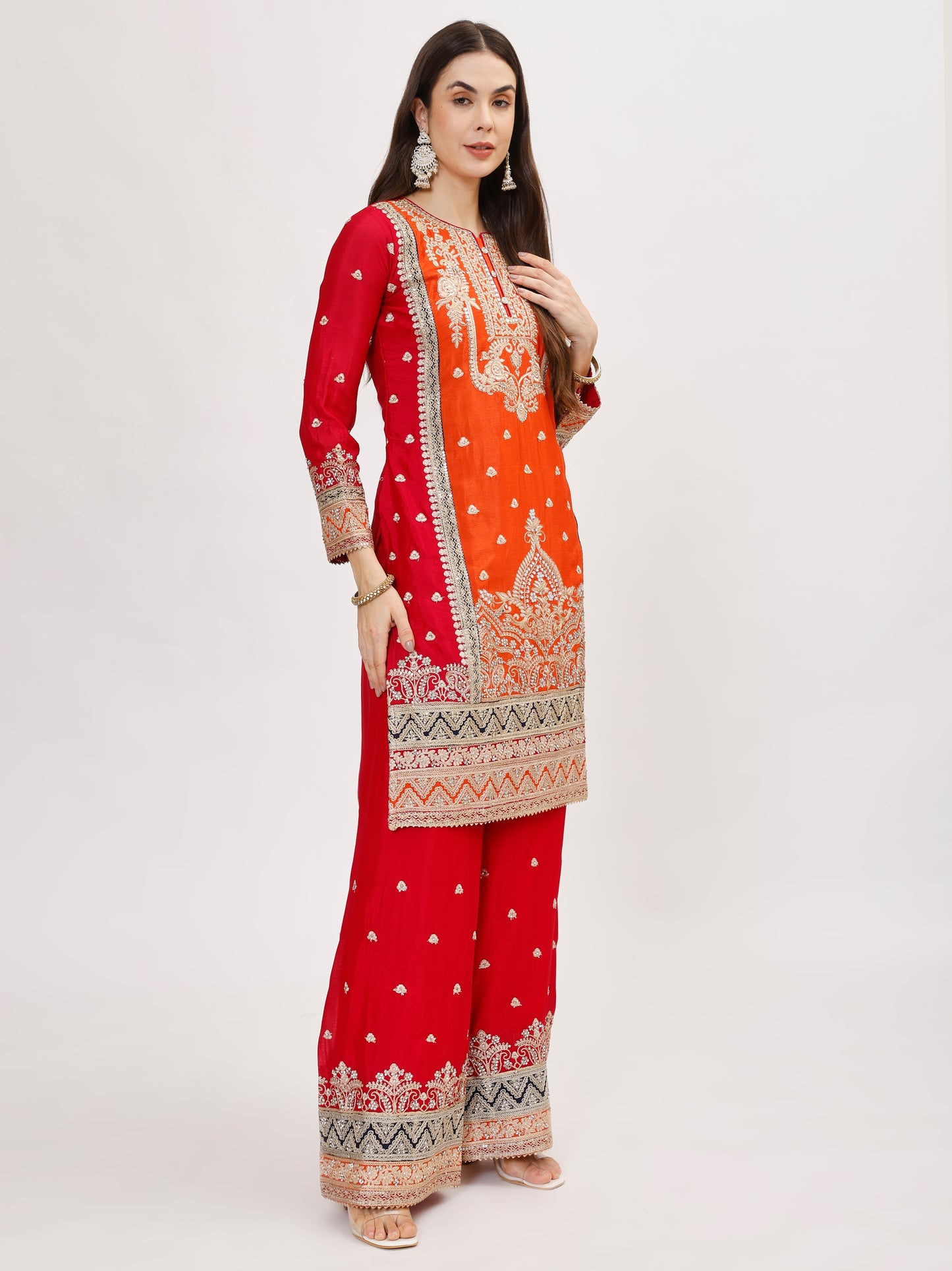 Gulzaar designer chinnon fabric embroidered Suit Set - Orange, TK100