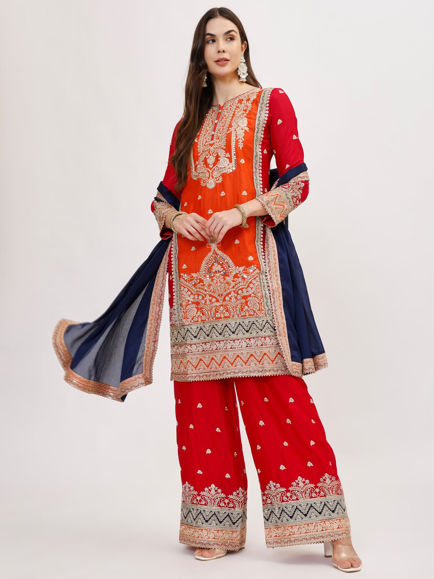 Gulzaar designer chinnon fabric embroidered Suit Set - Orange, TK100