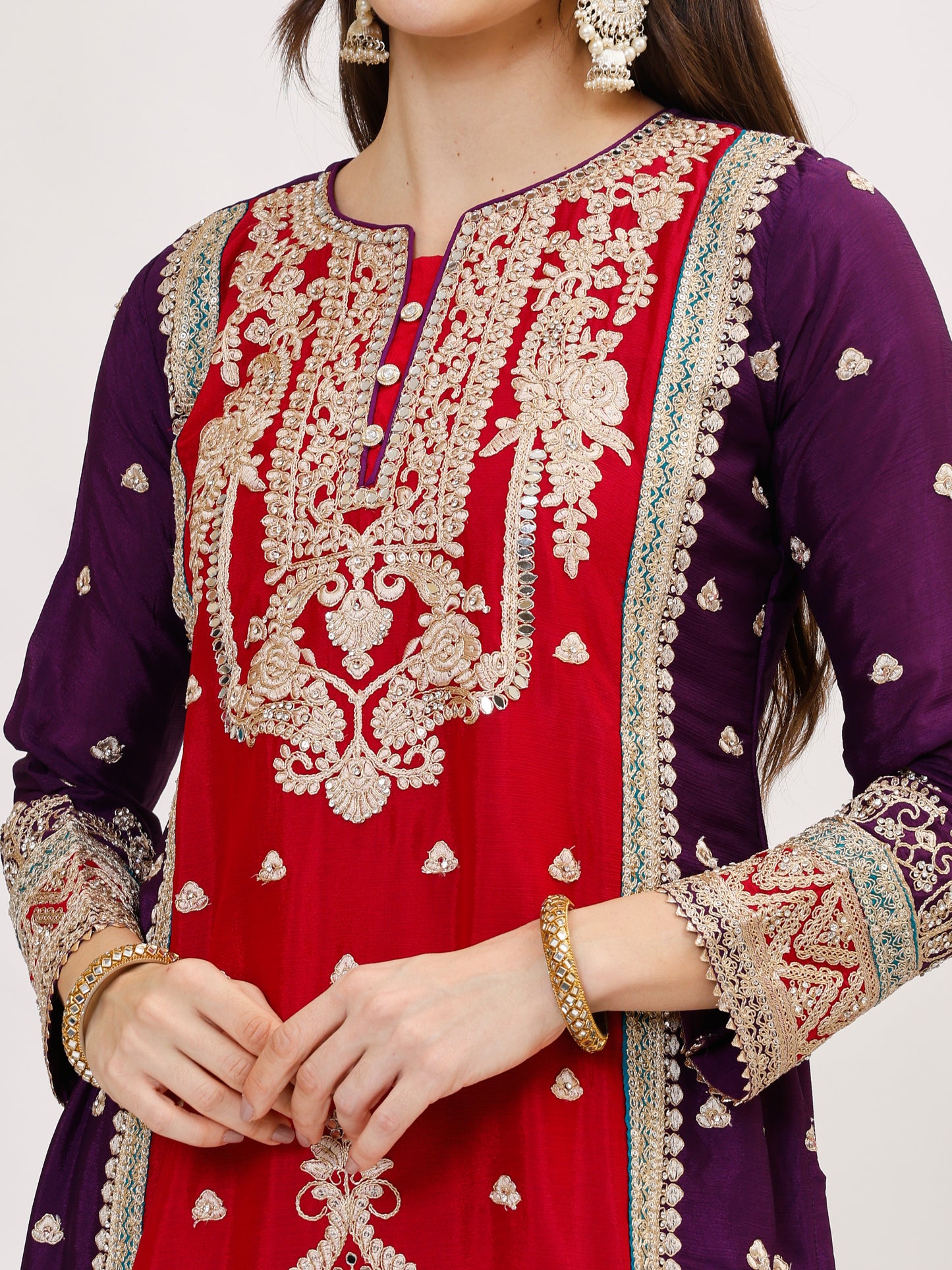 Gulzaar designer chinnon fabric embroidered Suit Set - Magenta, TK099