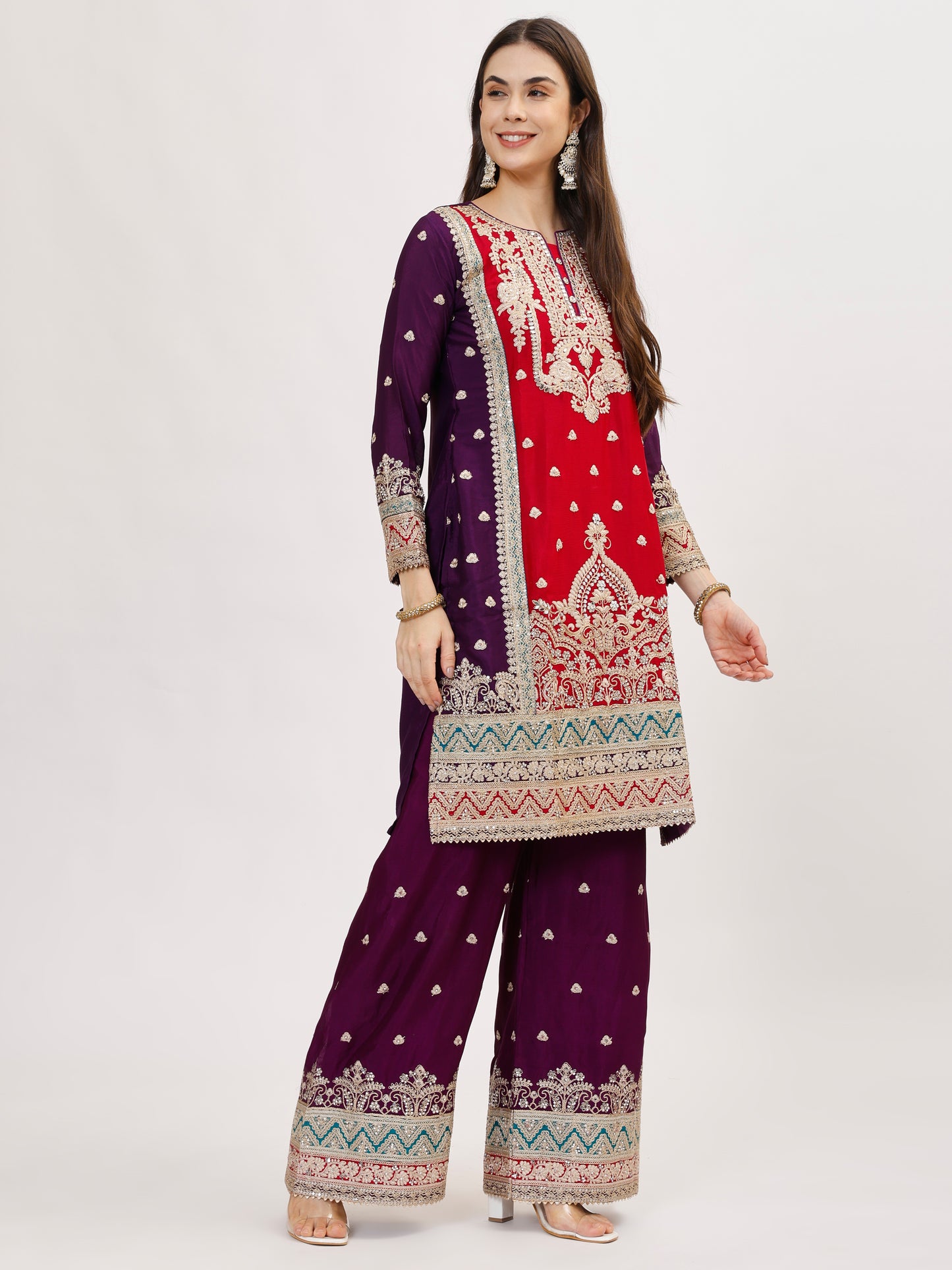 Gulzaar designer chinnon fabric embroidered Suit Set - Magenta, TK099