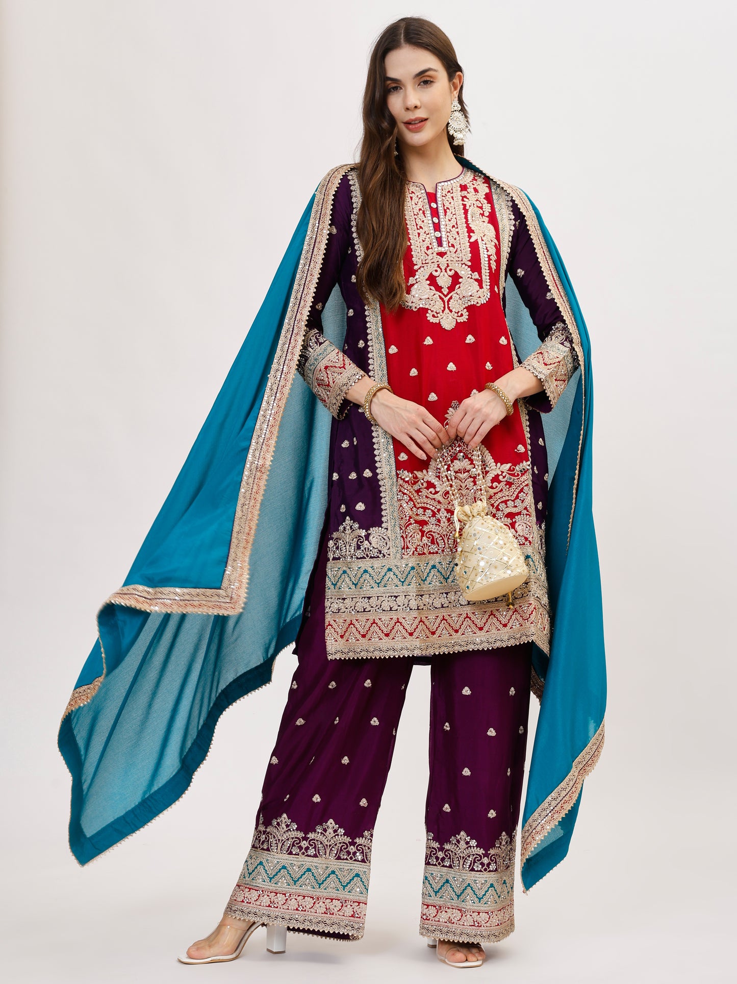 Gulzaar designer chinnon fabric embroidered Suit Set - Magenta, TK099