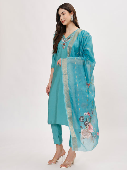 Designer rayon fabric suit set with mirror work and pockets - Sea Green, TK097