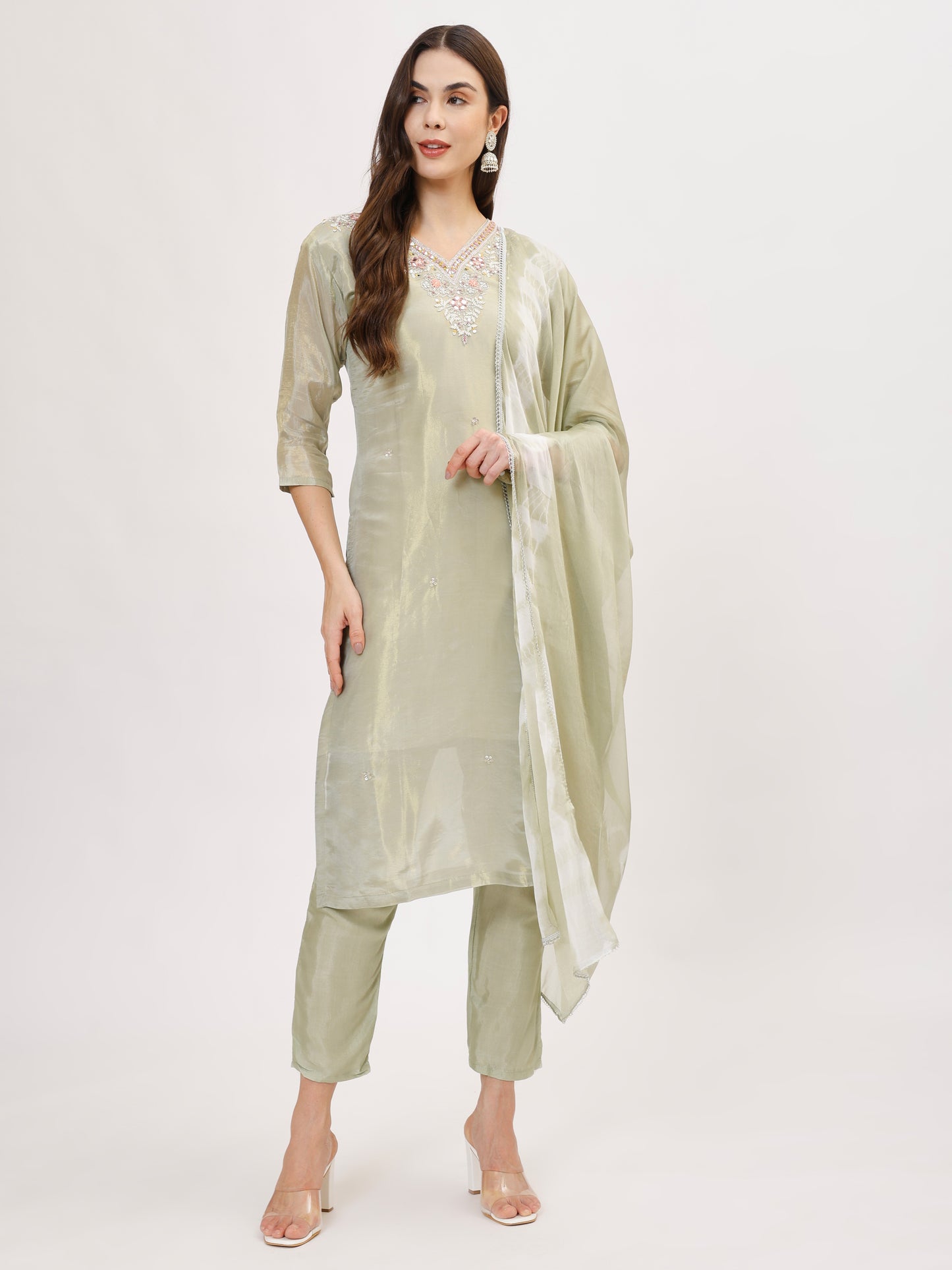 Designer & shiny tissue silk fabric suit set with mirror handwork - Pista Green, TK096