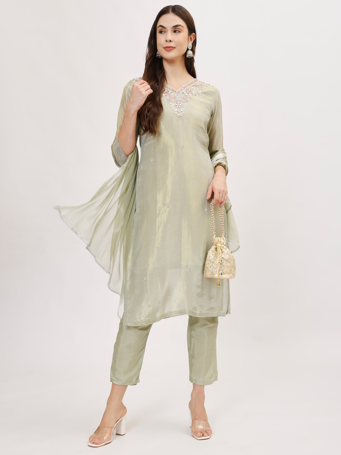 Designer & shiny tissue silk fabric suit set with mirror handwork - Pista Green, TK096