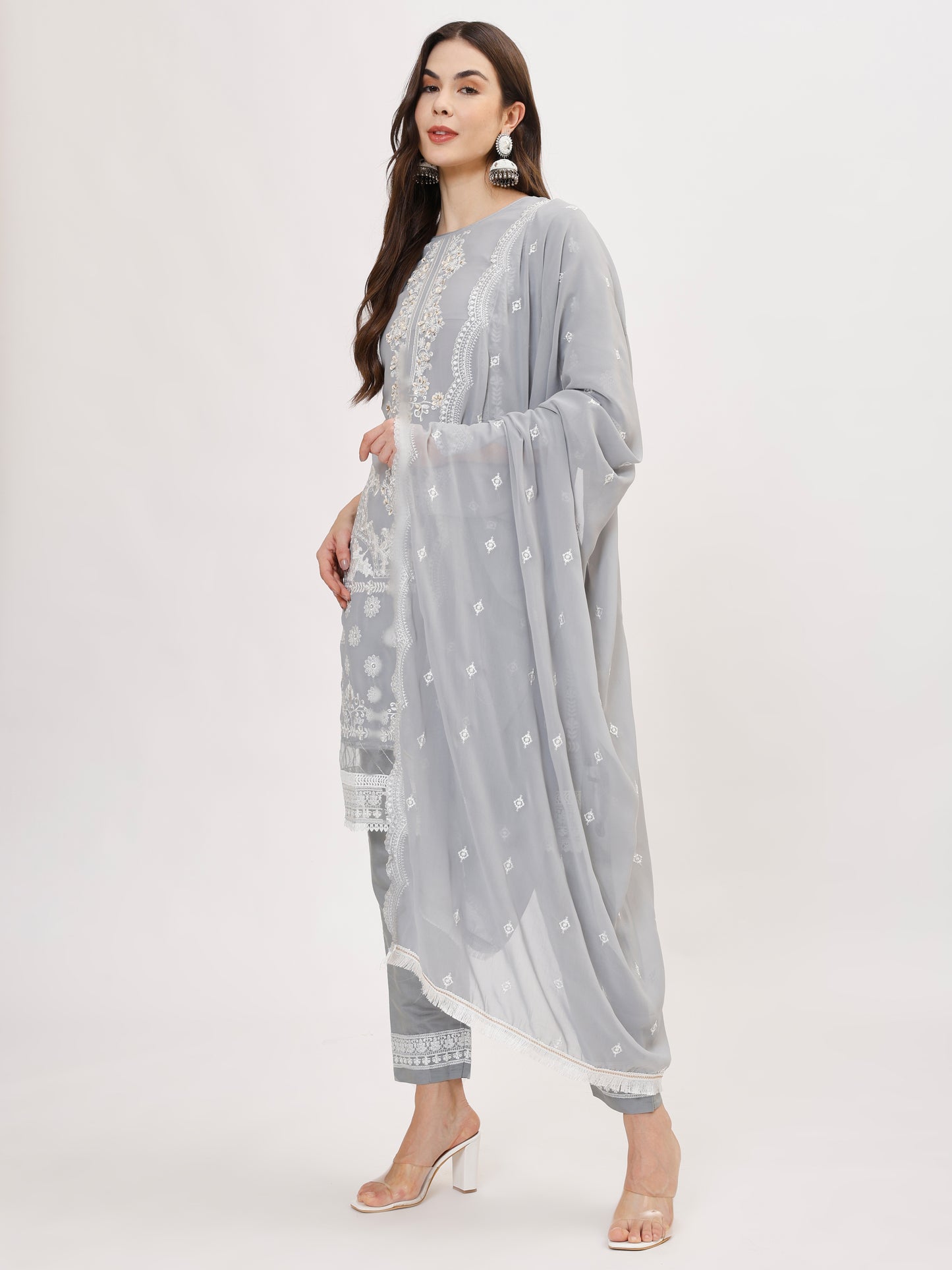 Premium Georgette fabric suit set with embroidery - Grey, TK132