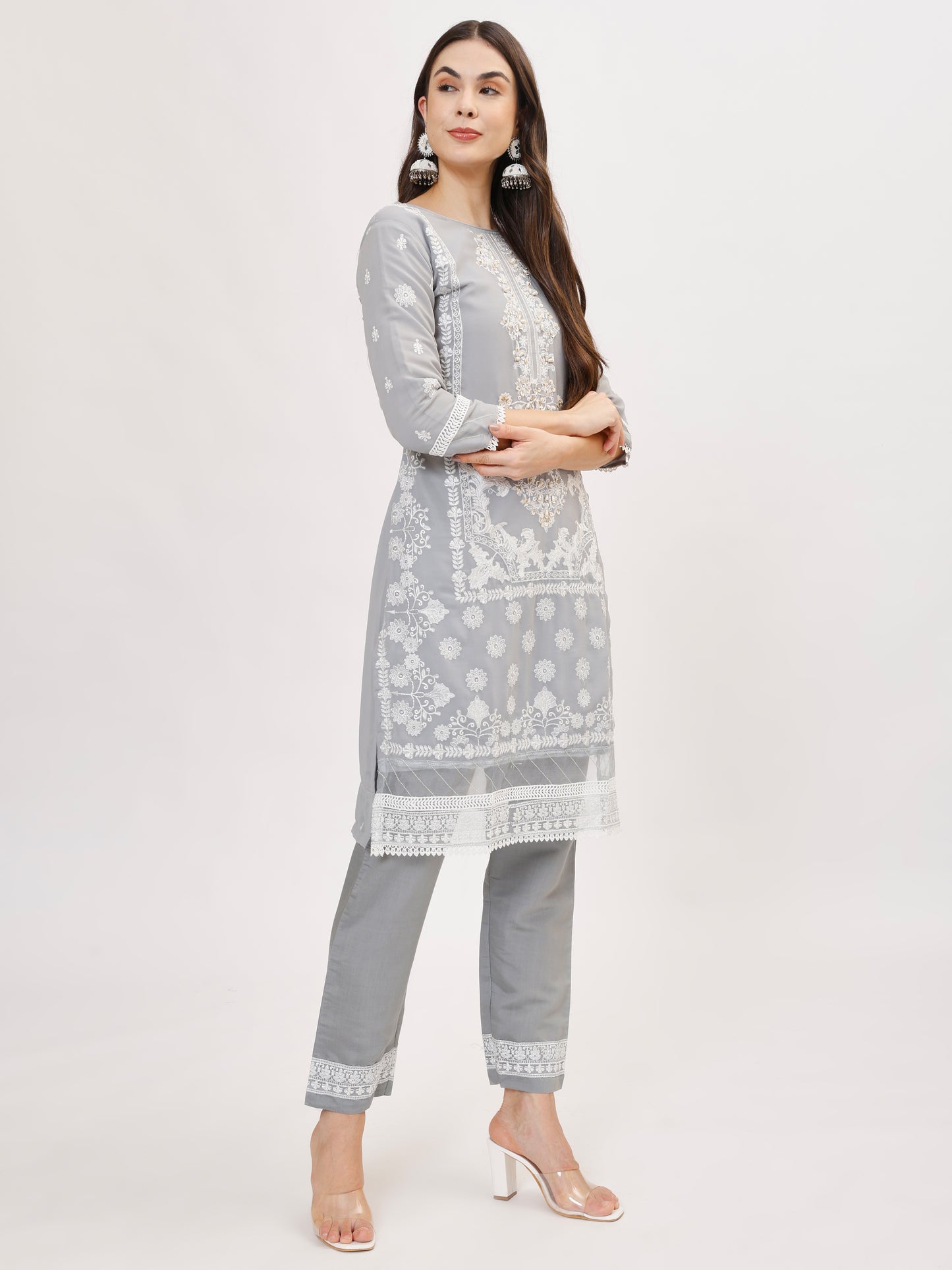 Premium Georgette fabric suit set with embroidery - Grey, TK132