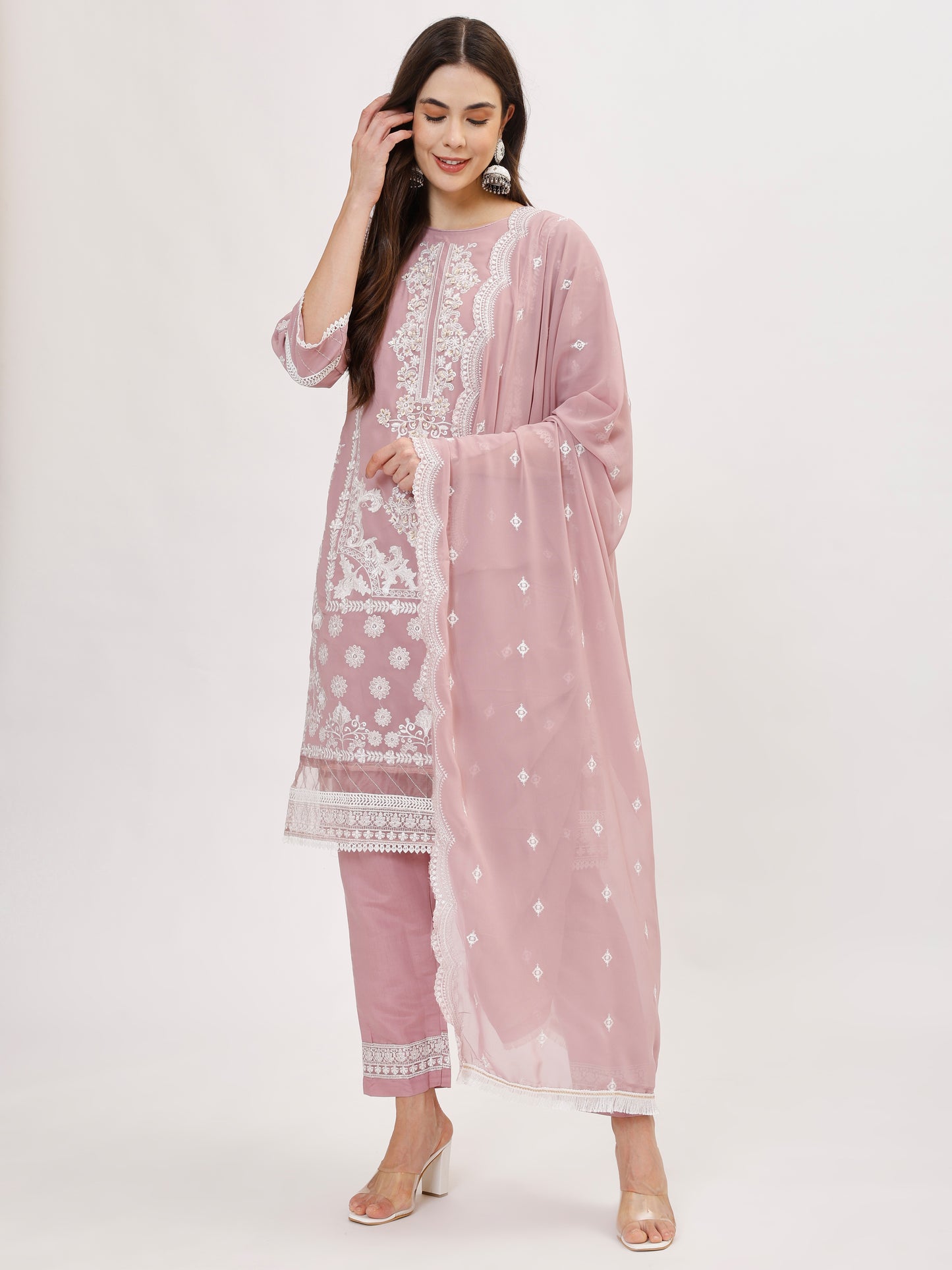 Premium Georgette fabric suit set with embroidery - Lilac, TK130