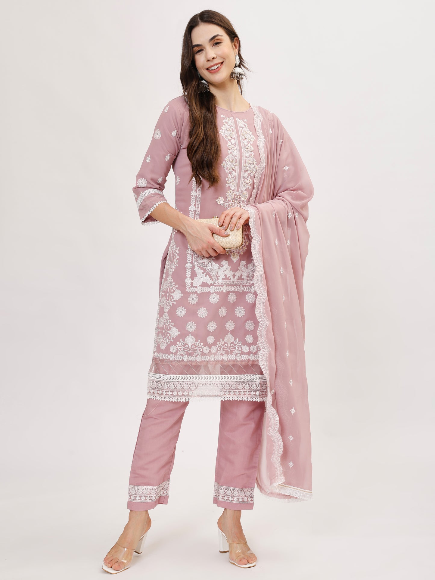 Premium Georgette fabric suit set with embroidery - Lilac, TK130