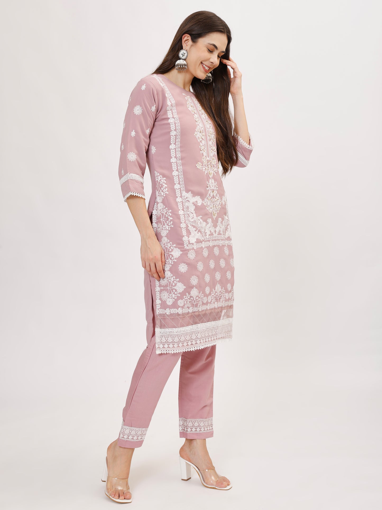 Premium Georgette fabric suit set with embroidery - Lilac, TK130