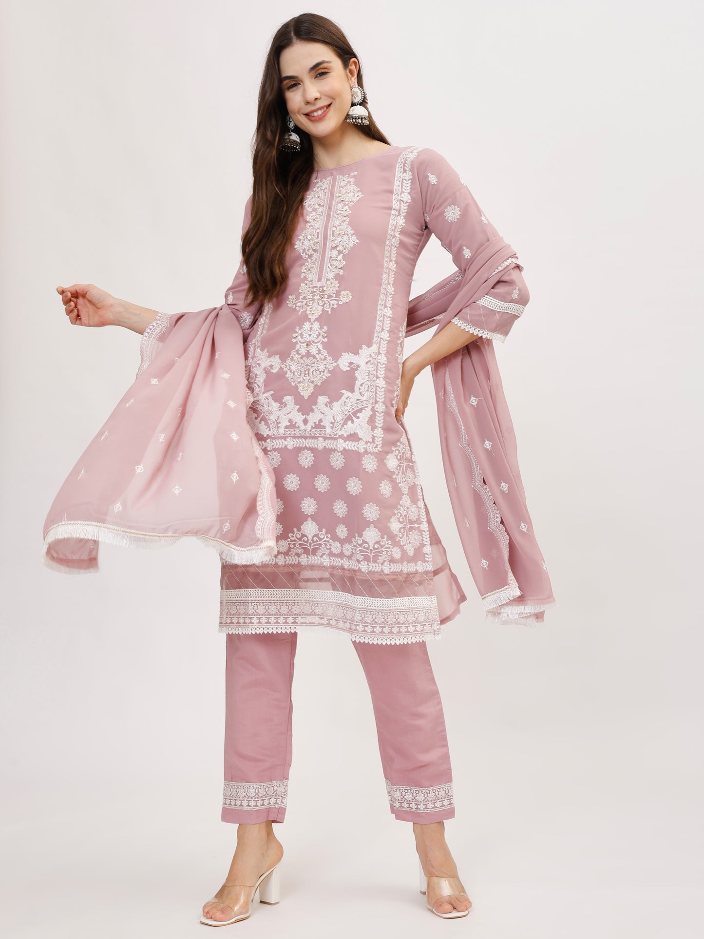 Premium Georgette fabric suit set with embroidery - Lilac, TK130