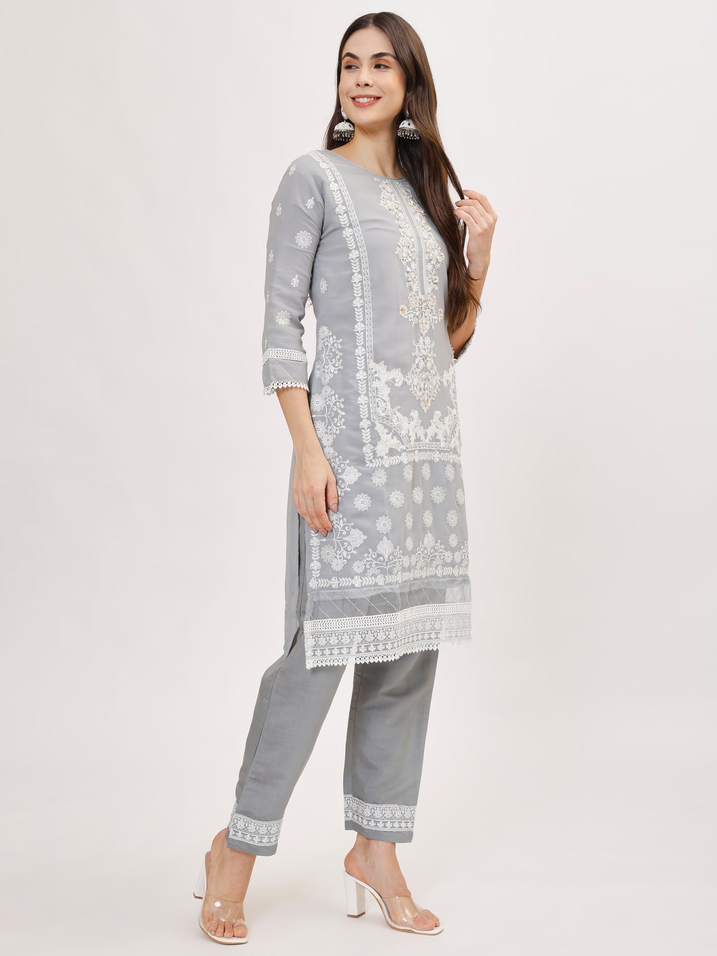 Premium Georgette fabric suit set with embroidery - Grey, TK132