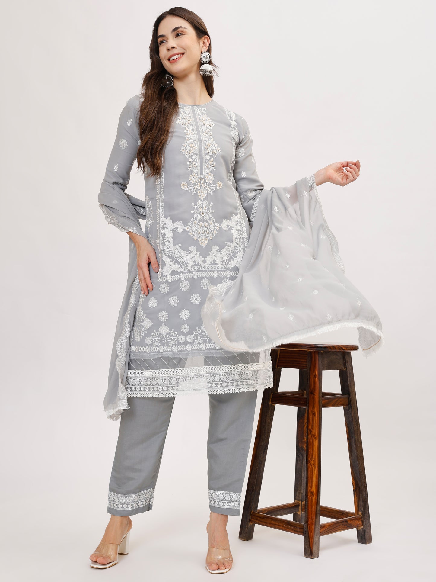 Premium Georgette fabric suit set with embroidery - Grey, TK132