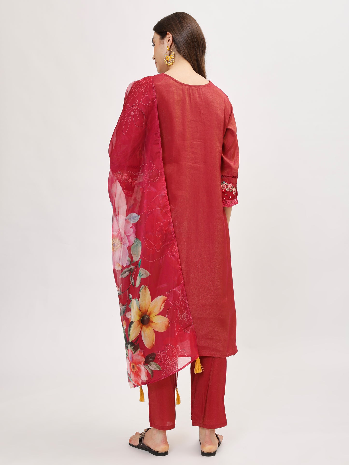 Premium Viscose silk fabric suit set with A line style - Maroon, TK109